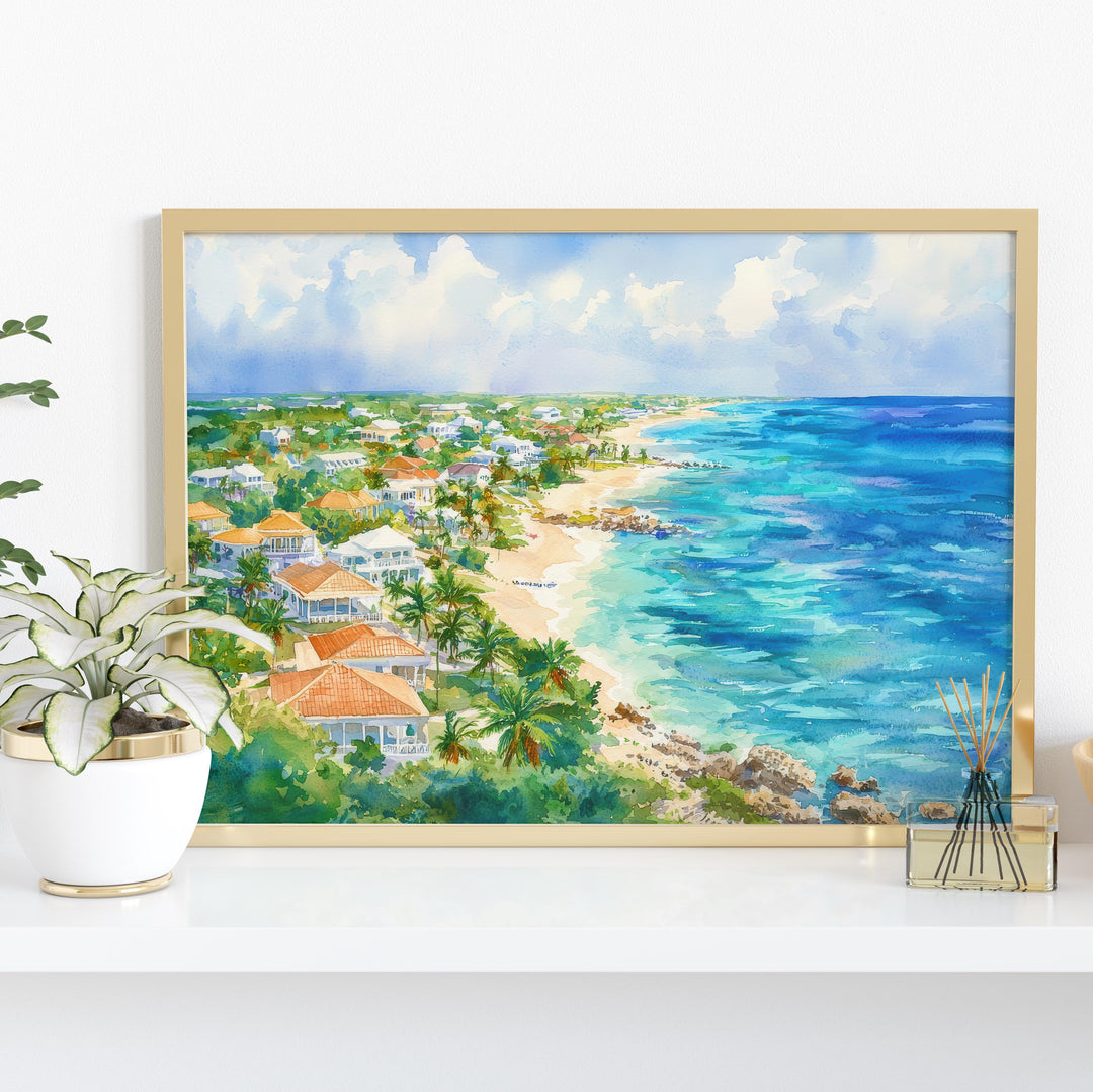 Cayman Islands Watercolor Poster Caribbean Travel Print Beach Landscape Painting Coastal Wall Art Tropical Souvenir