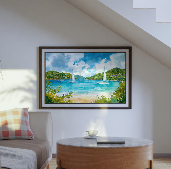 British Virgin Islands Watercolor Poster Caribbean Travel Print Beach Landscape Painting Coastal Wall Art Island Souvenir