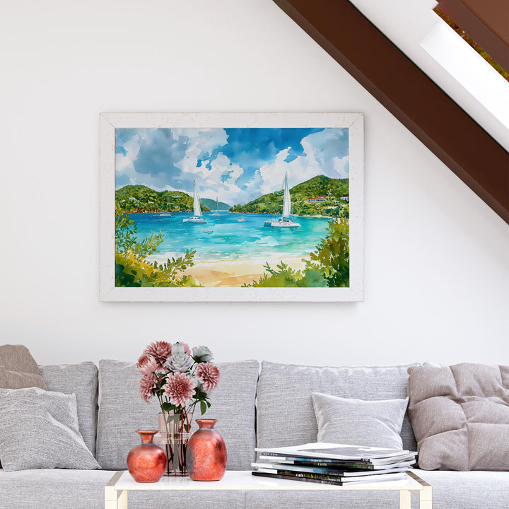 British Virgin Islands Watercolor Poster Caribbean Travel Print Beach Landscape Painting Coastal Wall Art Island Souvenir