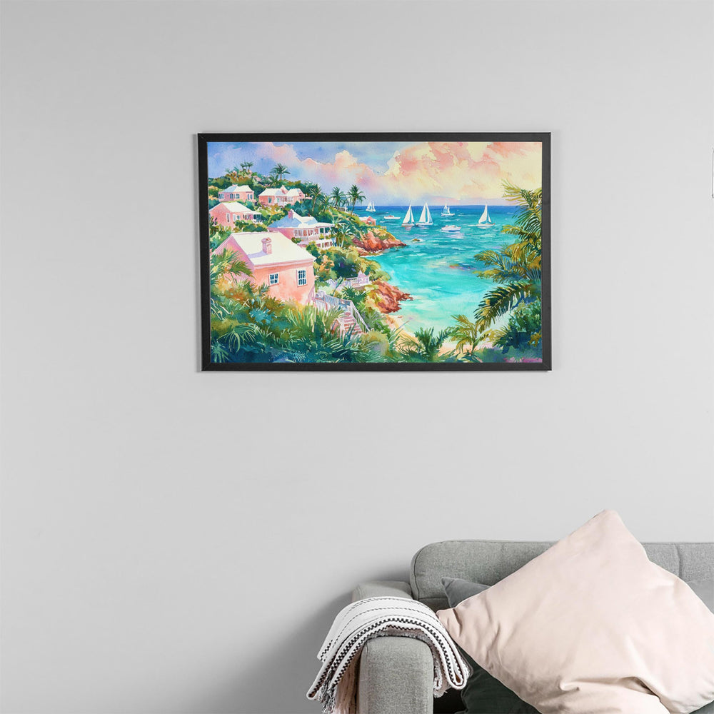 Bermuda Watercolor Poster Atlantic Travel Print Beach Landscape Painting Coastal Wall Art Island Souvenir