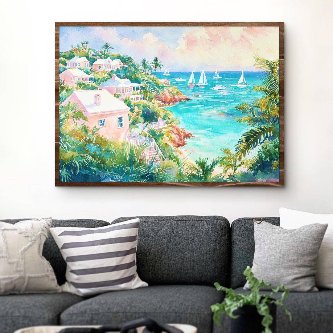 Bermuda Watercolor Poster Atlantic Travel Print Beach Landscape Painting Coastal Wall Art Island Souvenir