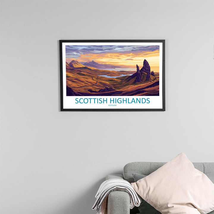 Scottish Highlands Landscape Travel Poster Scenic Mountain Scotland Wall Art European Nature Print Highlands Decor Artwork Sky Art