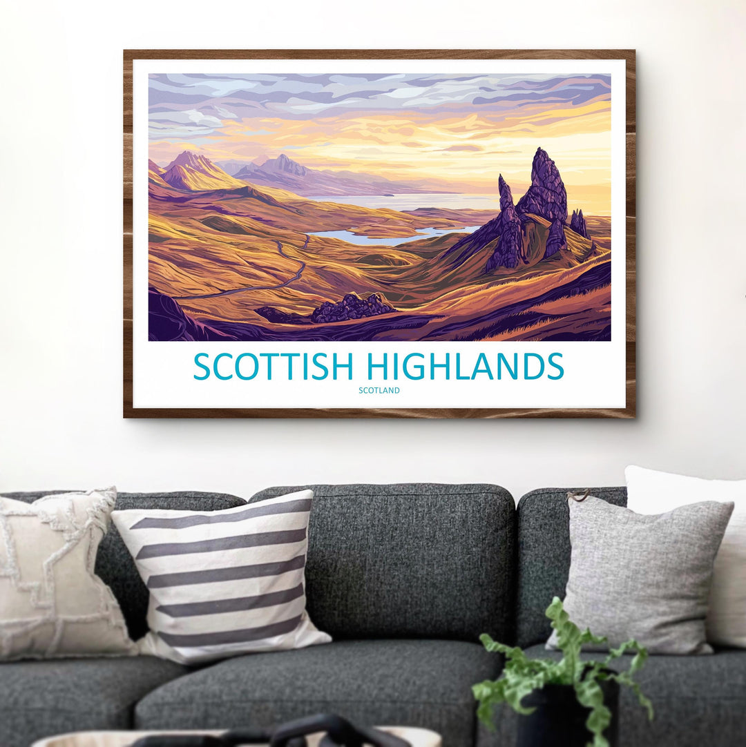 Scottish Highlands Landscape Travel Poster Scenic Mountain Scotland Wall Art European Nature Print Highlands Decor Artwork Sky Art