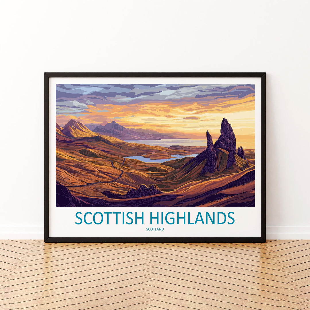 Scottish Highlands Landscape Travel Poster Scenic Mountain Scotland Wall Art European Nature Print Highlands Decor Artwork Sky Art