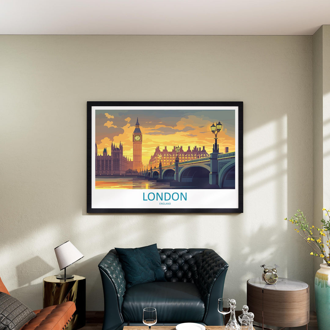 London England Landscape Travel Poster Scenic City Wall Art UK Architecture Print European Decor London Skyline Historic Artwork