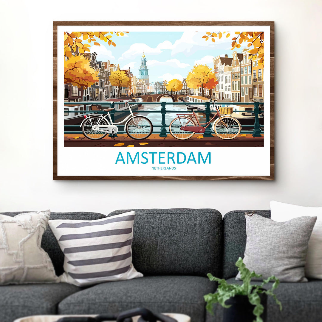 Amsterdam Netherlands Landscape Travel Poster Scenic Canal City Wall Art Dutch Architecture Print Europe Decor Romantic Amsterdam Artwork