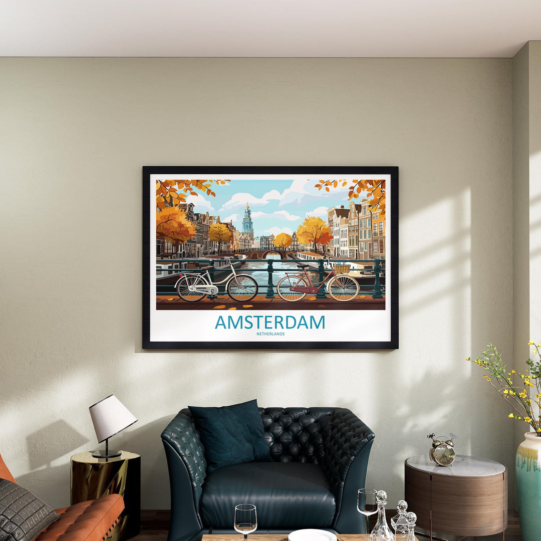 Amsterdam Netherlands Landscape Travel Poster Scenic Canal City Wall Art Dutch Architecture Print Europe Decor Romantic Amsterdam Artwork