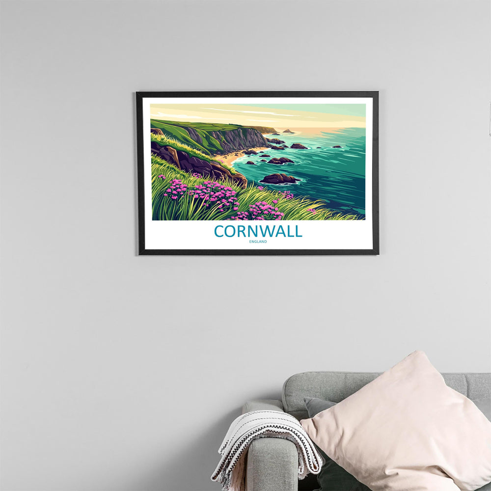 Cornwall England Landscape Travel Poster Scenic Coastline Wall Art UK Seaside Print British Beach Decor Coastal Cornwall Artwork