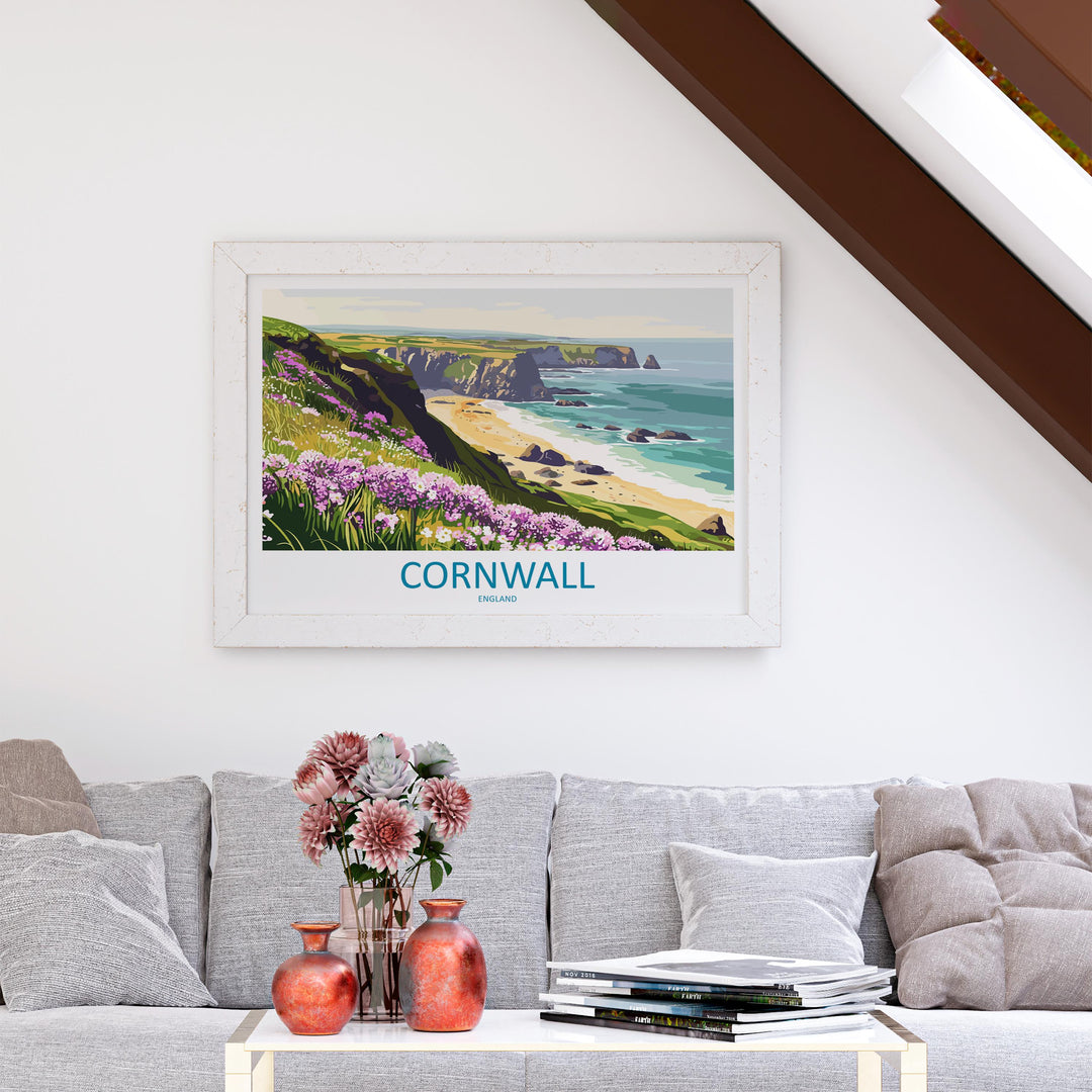 Cornwall England Landscape Travel Poster Scenic Coastline Wall Art UK Seaside Print British Beach Decor Coastal Cornwall Artwork