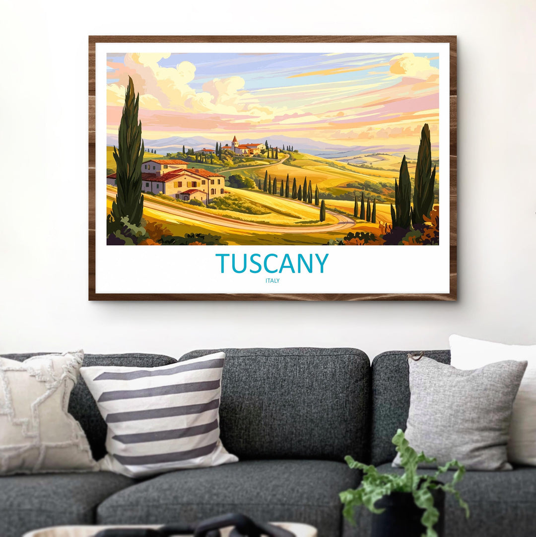 Tuscany Italy Landscape Travel Poster Scenic Countryside Wall Art Rolling Hills Architecture Print Europe Decor Tuscan Vineyard Artwork