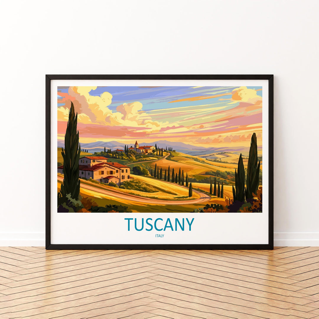 Tuscany Italy Landscape Travel Poster Scenic Countryside Wall Art Rolling Hills Architecture Print Europe Decor Tuscan Vineyard Artwork