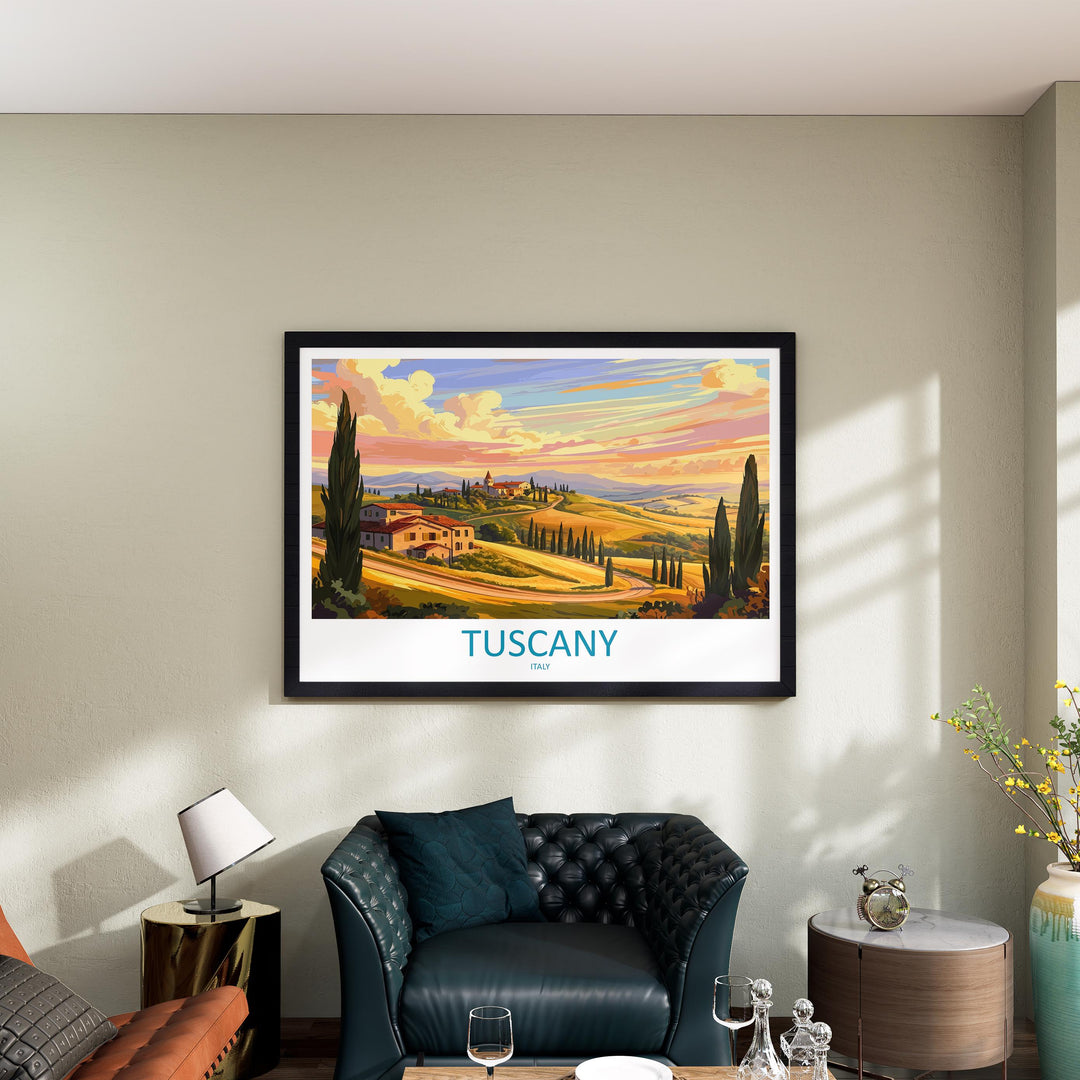 Tuscany Italy Landscape Travel Poster Scenic Countryside Wall Art Rolling Hills Architecture Print Europe Decor Tuscan Vineyard Artwork