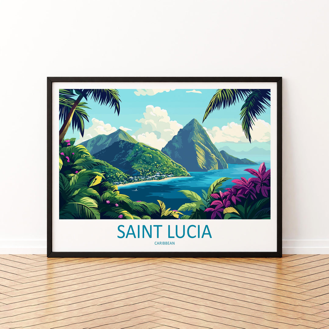 Saint Lucia Landscape Travel Poster Scenic Island Coast Wall Art Tropical Caribbean Print Pitons Mountains Decor Saint Lucia Artwork