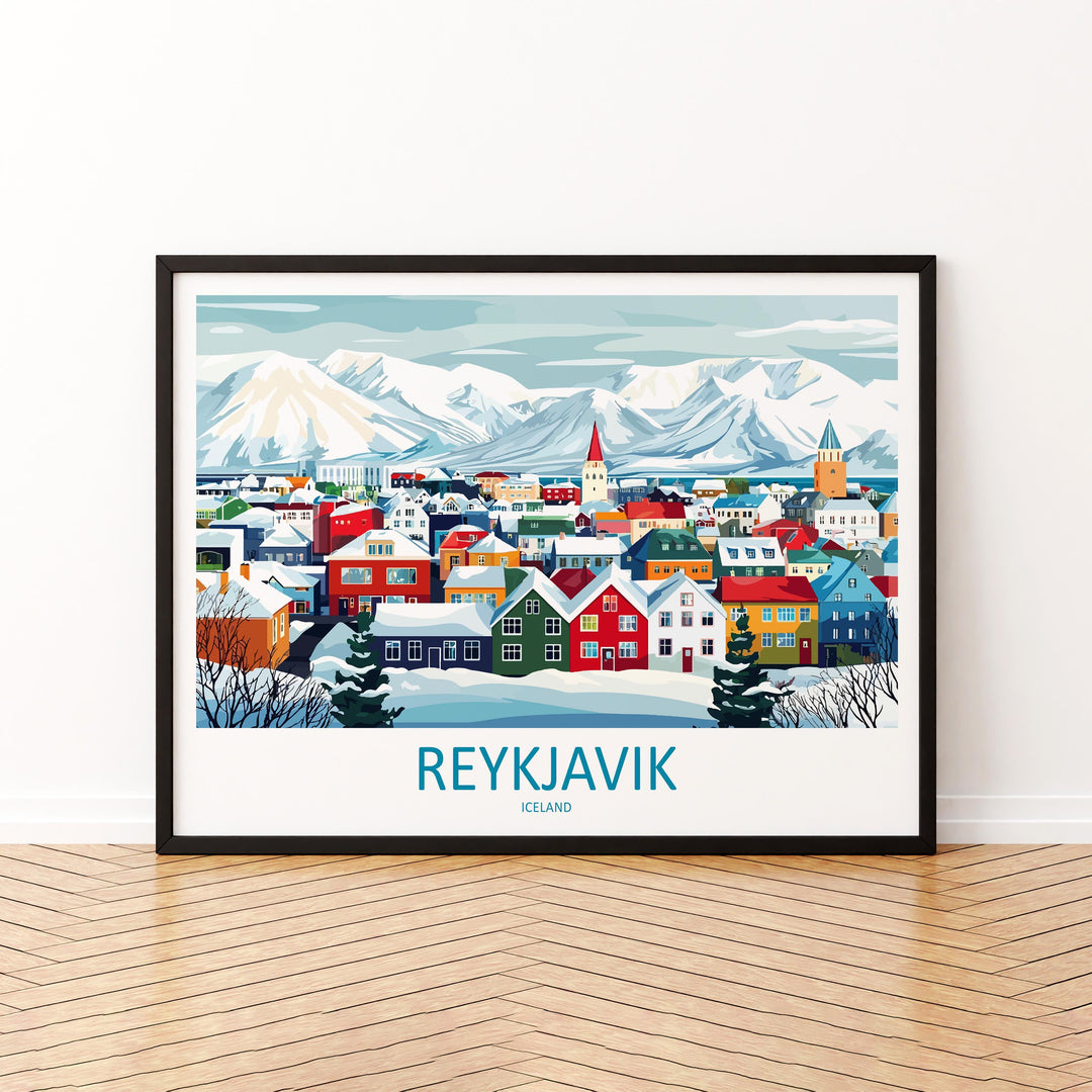 Reykjavik Iceland Landscape Travel Poster Scenic City Coast Wall Art Nordic Architecture Print Europe Decor Colorful Reykjavik Artwork