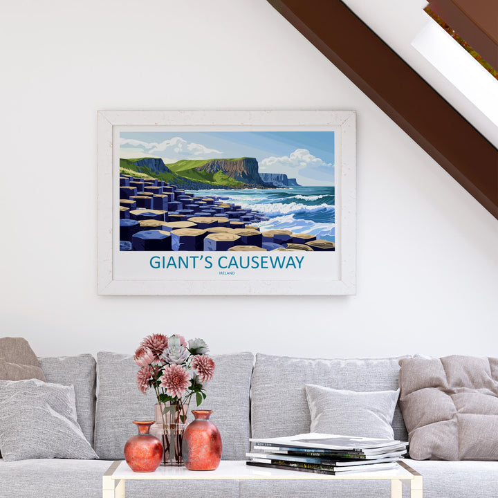 Giants Causeway Northern Ireland Landscape Travel Poster Scenic Coastline Wall Art Basalt Columns Print UK Decor Giants Causeway Artwork