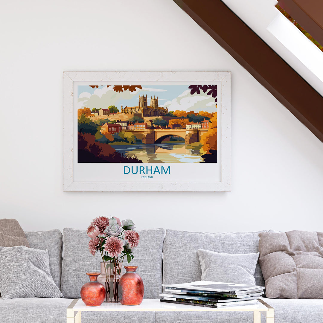 Durham England Landscape Travel Poster Scenic City Cathedral Wall Art UK Architecture Print Europe Decor Historic Durham Artwork