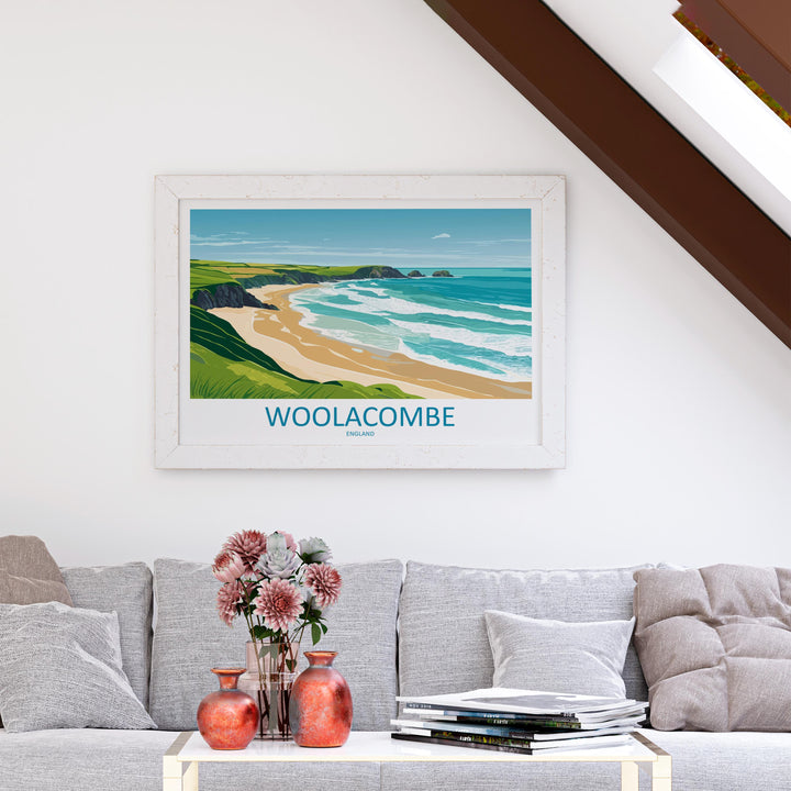Woolacombe England Landscape Travel Poster Scenic Beach Coastline Wall Art Devon Seaside Print UK Decor Woolacombe Beach Artwork