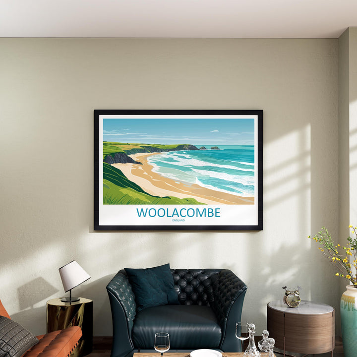 Woolacombe England Landscape Travel Poster Scenic Beach Coastline Wall Art Devon Seaside Print UK Decor Woolacombe Beach Artwork
