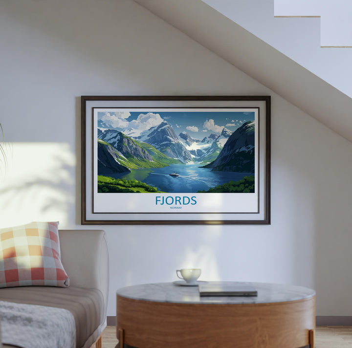 Fjords Norway Landscape Travel Poster Scenic Nordic Mountains Wall Art Majestic Waterways Print Europe Decor Stunning Fjords Artwork