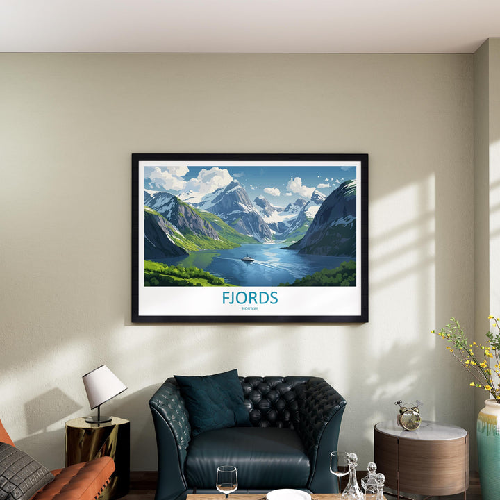 Fjords Norway Landscape Travel Poster Scenic Nordic Mountains Wall Art Majestic Waterways Print Europe Decor Stunning Fjords Artwork