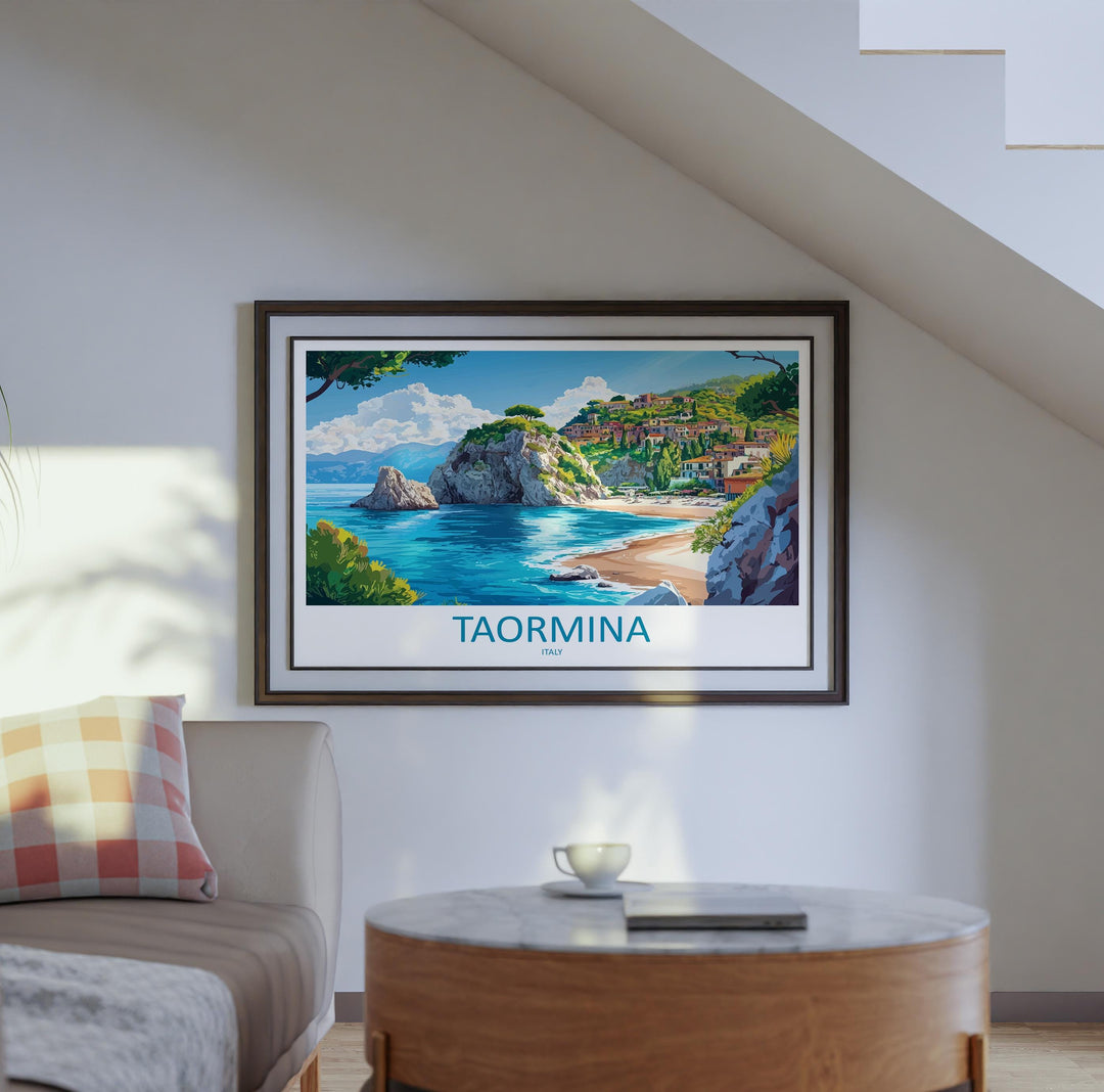 Taormina Italy Landscape Travel Poster Scenic Sicilian Coastline Wall Art Ancient Amphitheatre Print Europe Decor Taormina Artwork
