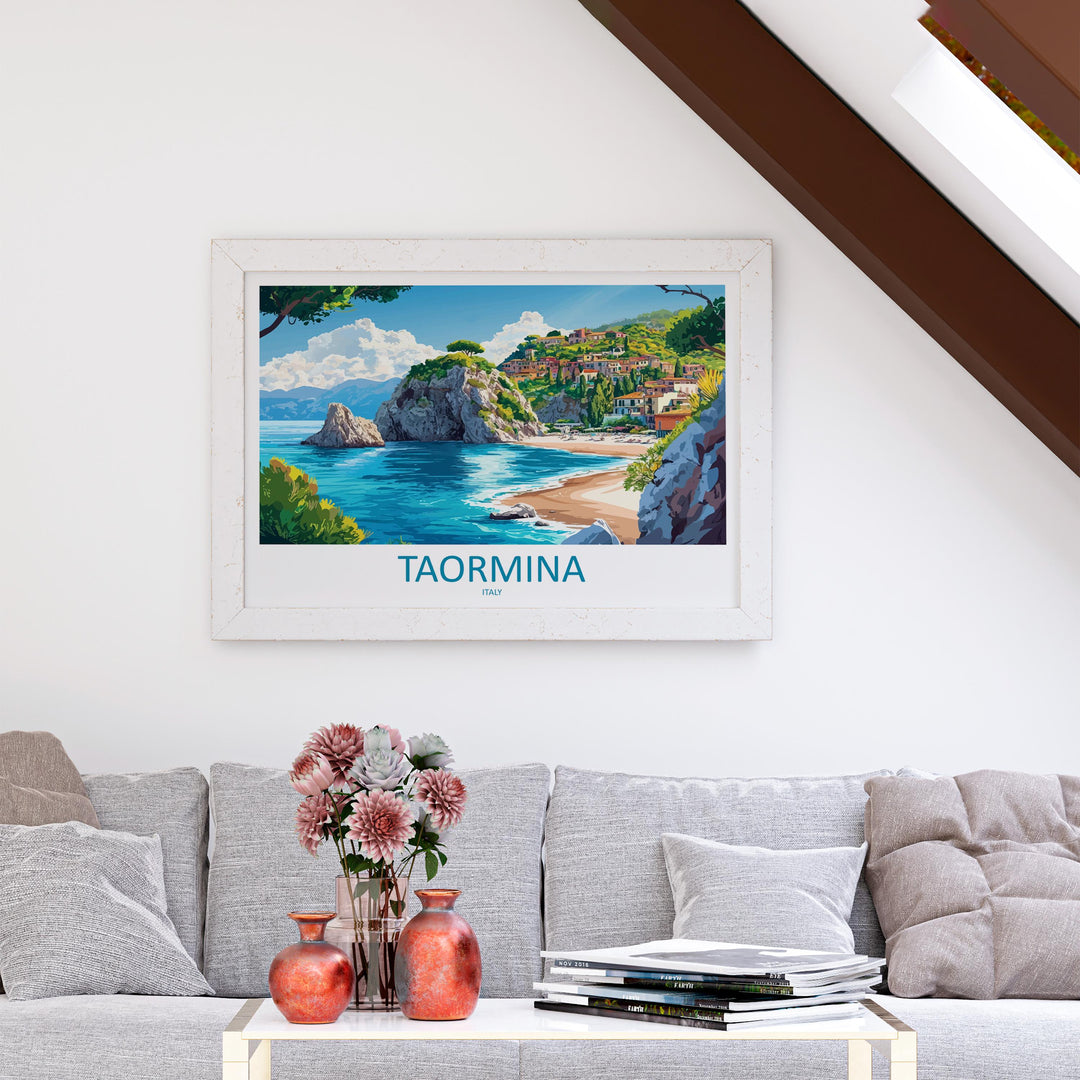 Taormina Italy Landscape Travel Poster Scenic Sicilian Coastline Wall Art Ancient Amphitheatre Print Europe Decor Taormina Artwork