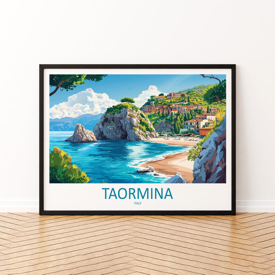 Taormina Italy Landscape Travel Poster Scenic Sicilian Coastline Wall Art Ancient Amphitheatre Print Europe Decor Taormina Artwork
