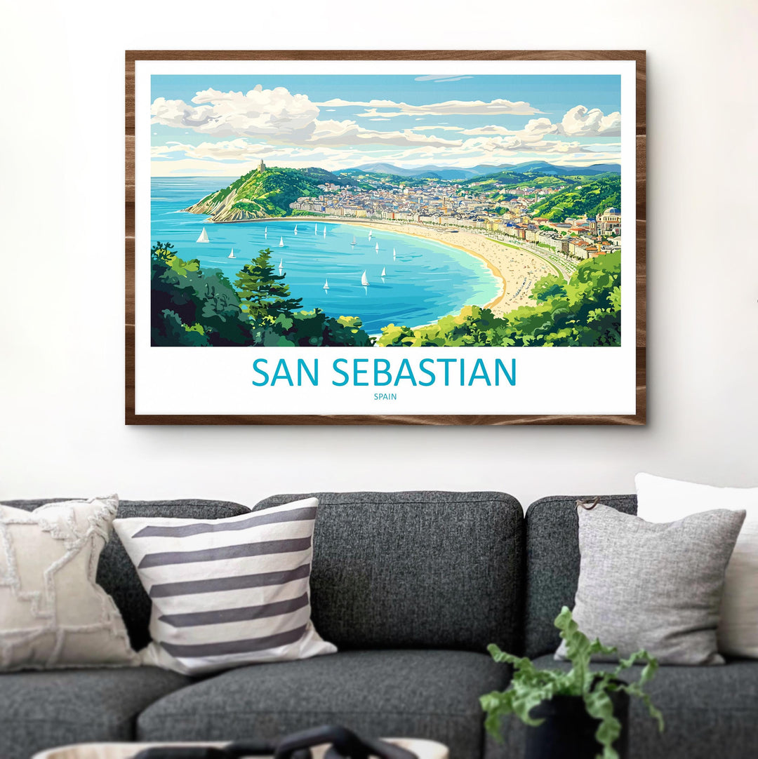San Sebastian Spain Landscape Travel Poster Scenic Bay Coastline Wall Art Basque Beach Print Europe Decor La Concha San Sebastian Artwork
