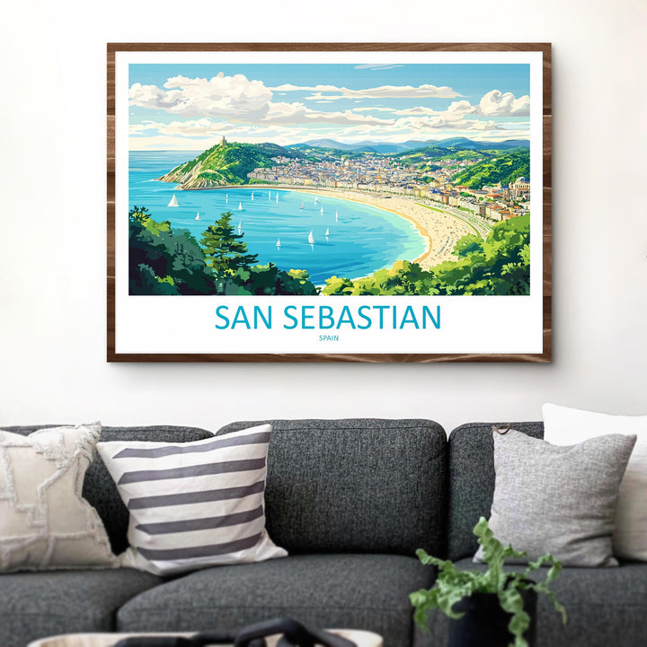 San Sebastian Spain Landscape Travel Poster Scenic Bay Coastline Wall Art Basque Beach Print Europe Decor La Concha San Sebastian Artwork