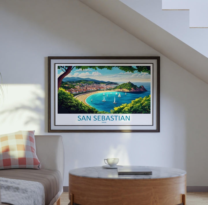 San Sebastian Spain Landscape Travel Poster Scenic Bay Coastline Wall Art Basque Beach Print Europe Decor La Concha San Sebastian Artwork
