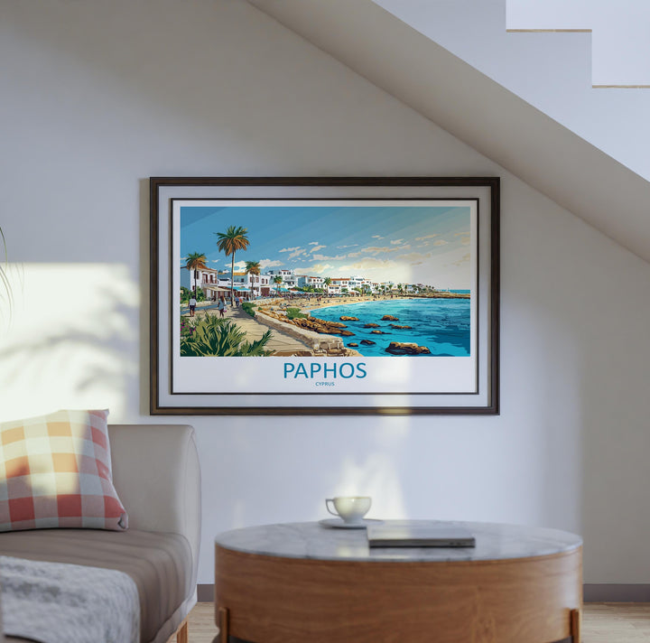 Paphos Cyprus Landscape Travel Poster Scenic Mediterranean Coastline Wall Art Ancient Ruins Print Europe Decor Beautiful Paphos Artwork