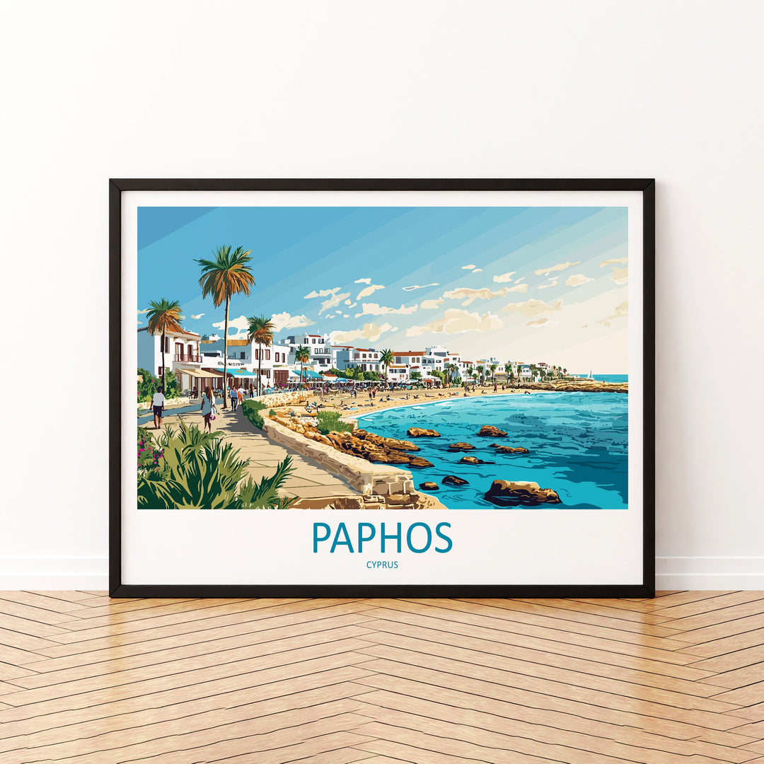 Paphos Cyprus Landscape Travel Poster Scenic Mediterranean Coastline Wall Art Ancient Ruins Print Europe Decor Beautiful Paphos Artwork