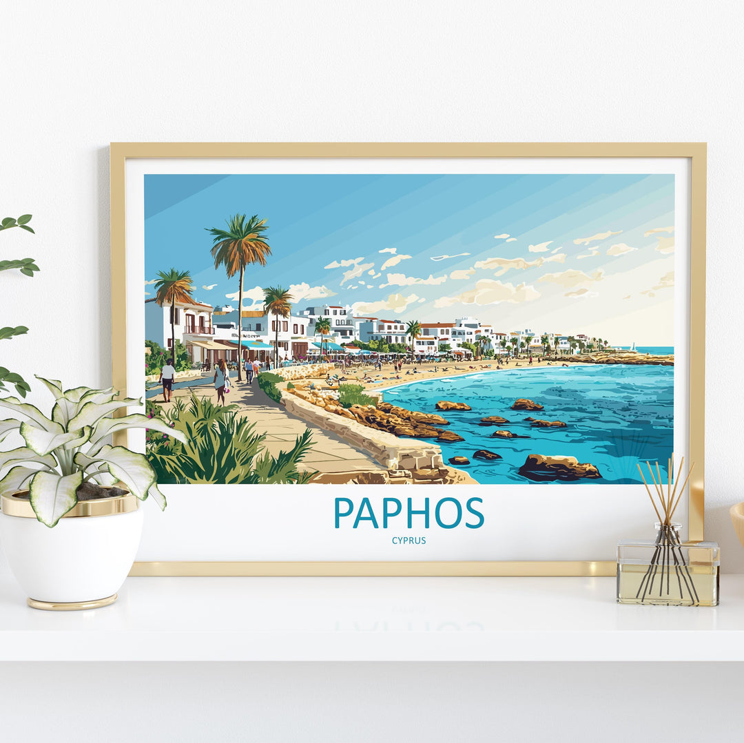 Paphos Cyprus Landscape Travel Poster Scenic Mediterranean Coastline Wall Art Ancient Ruins Print Europe Decor Beautiful Paphos Artwork