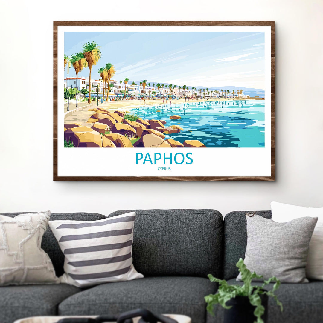Paphos Cyprus Landscape Travel Poster Scenic Mediterranean Coastline Wall Art Ancient Ruins Print Europe Decor Beautiful Paphos Artwork