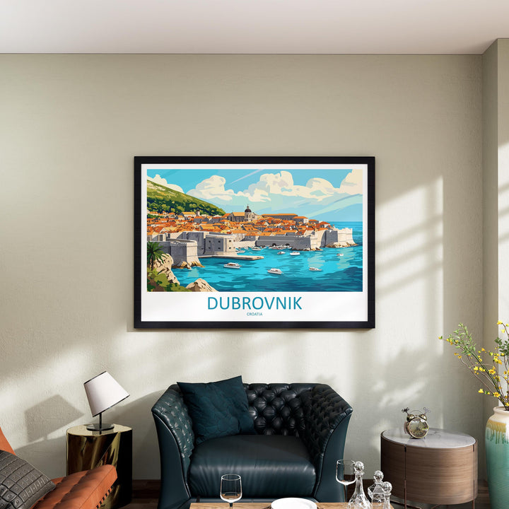 Dubrovnik Croatia Landscape Travel Poster Scenic Old Town Coastline Wall Art Medieval Walls Print Europe Decor Dubrovnik Artwork