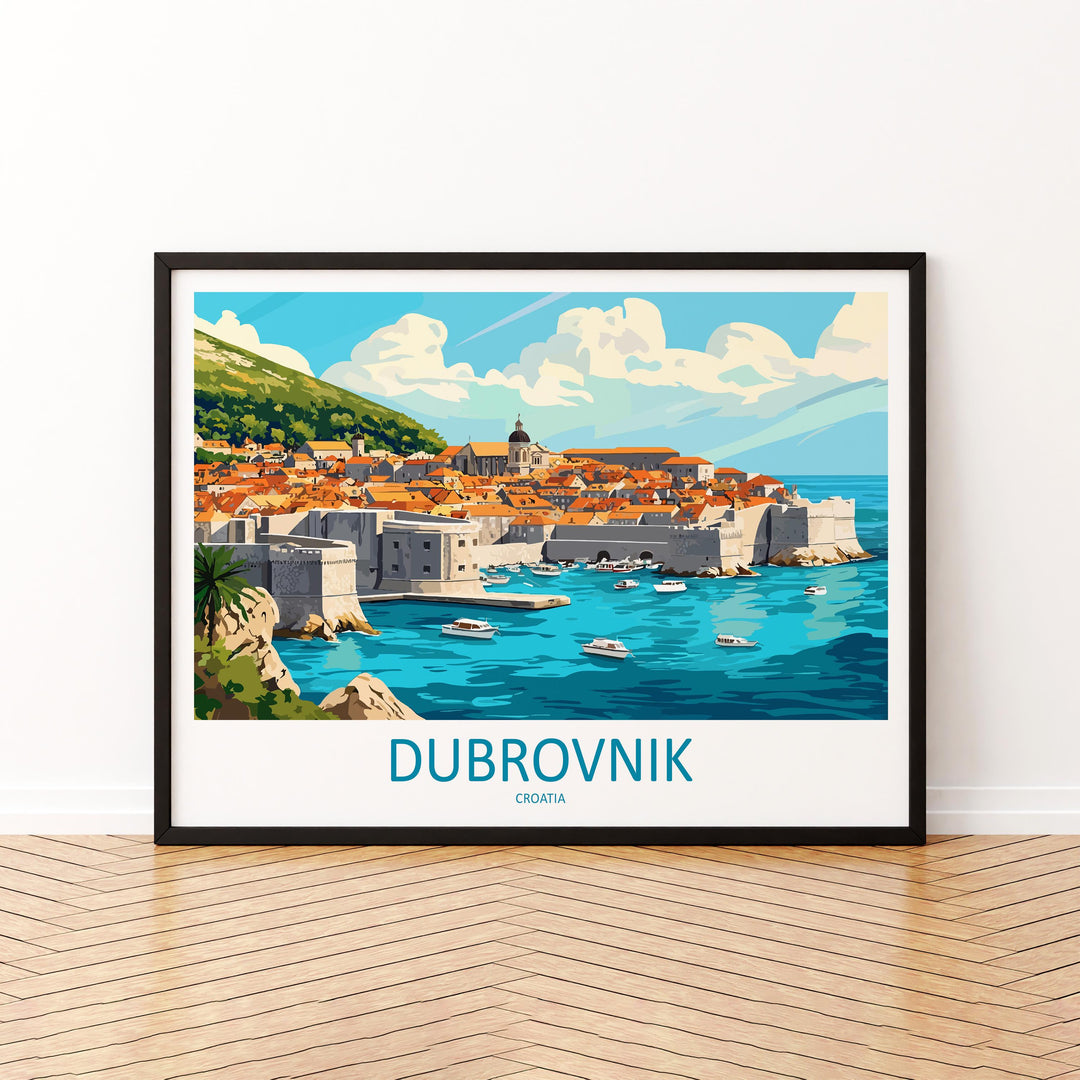 Dubrovnik Croatia Landscape Travel Poster Scenic Old Town Coastline Wall Art Medieval Walls Print Europe Decor Dubrovnik Artwork