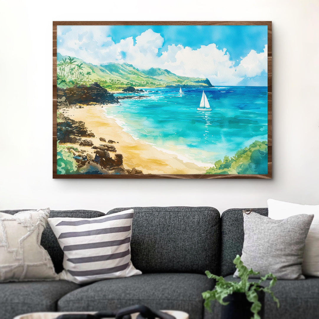 Waimea Beach Hawaii Watercolor Poster Waimea Travel Print Coastal Landscape Painting Tropical Wall Art Oahu Souvenir