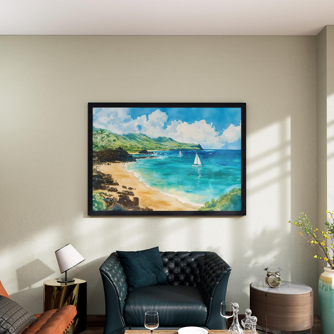 Waimea Beach Hawaii Watercolor Poster Waimea Travel Print Coastal Landscape Painting Tropical Wall Art Oahu Souvenir