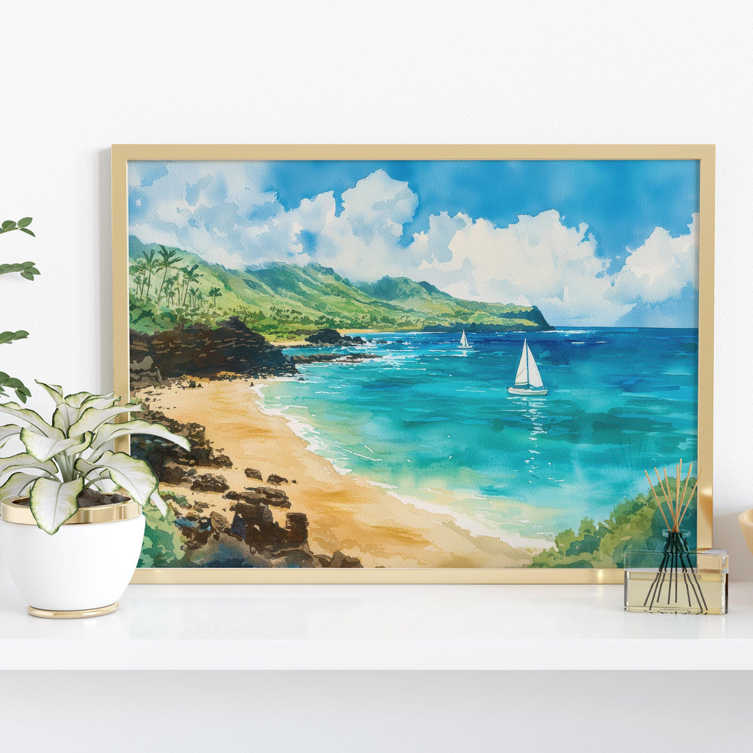 Waimea Beach Hawaii Watercolor Poster Waimea Travel Print Coastal Landscape Painting Tropical Wall Art Oahu Souvenir
