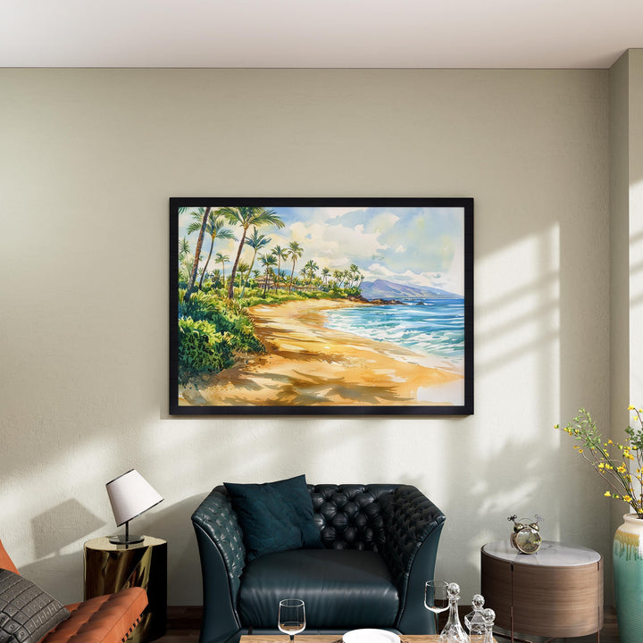Wailea Beach Hawaii Watercolor Poster Wailea Travel Print Coastal Landscape Painting Tropical Wall Art Maui Souvenir