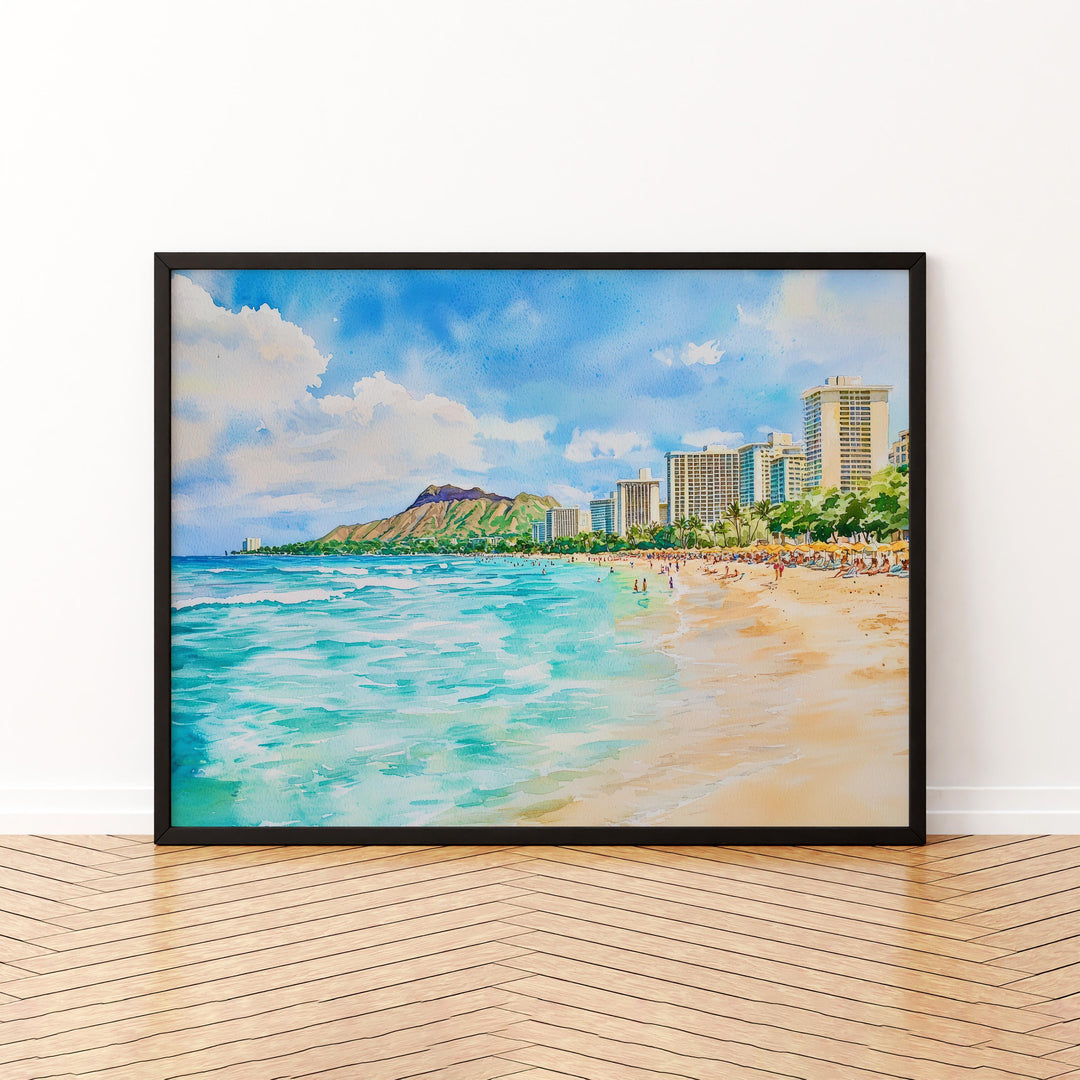 Waikiki Beach Hawaii Watercolor Poster Waikiki Travel Print Coastal Landscape Painting Tropical Wall Art Oahu Souvenir
