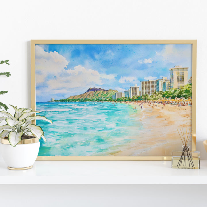 Waikiki Beach Hawaii Watercolor Poster Waikiki Travel Print Coastal Landscape Painting Tropical Wall Art Oahu Souvenir