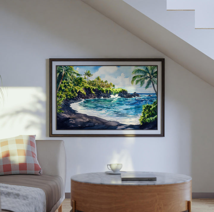 Waiʻānapanapa State Park Hawaii Watercolor Poster Maui Travel Print Landscape Painting Coastal Wall Art Tropical Souvenir