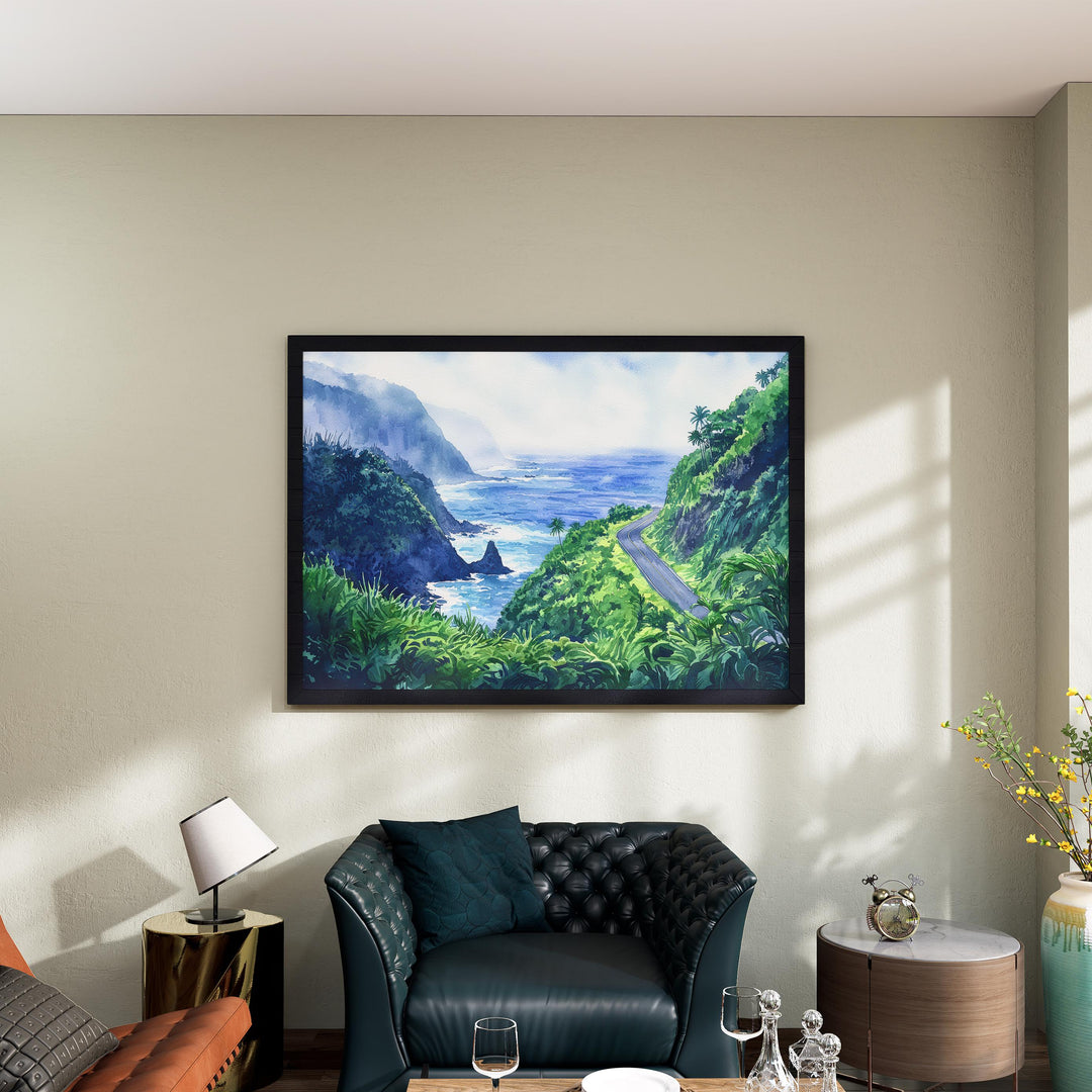 Road to Hana Hawaii Watercolor Poster Maui Travel Print Landscape Painting Tropical Wall Art Coastal Souvenir