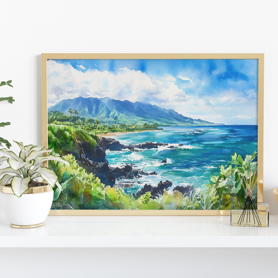 Maui Hawaii Watercolor Poster Maui Travel Print Island Landscape Painting Coastal Wall Art Tropical Paradise Souvenir