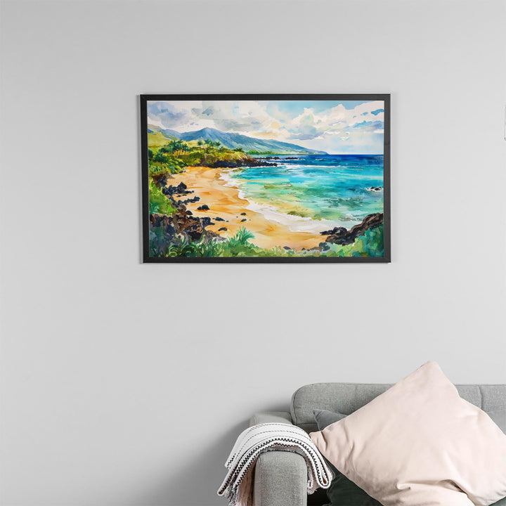 Makena Beach Hawaii Watercolor Poster Maui Travel Print Coastal Landscape Painting Tropical Wall Art Island Souvenir