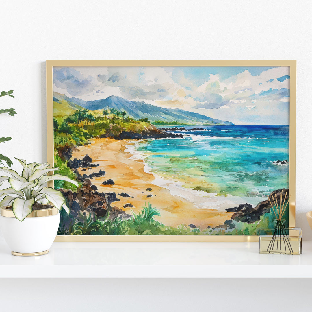 Makena Beach Hawaii Watercolor Poster Maui Travel Print Coastal Landscape Painting Tropical Wall Art Island Souvenir