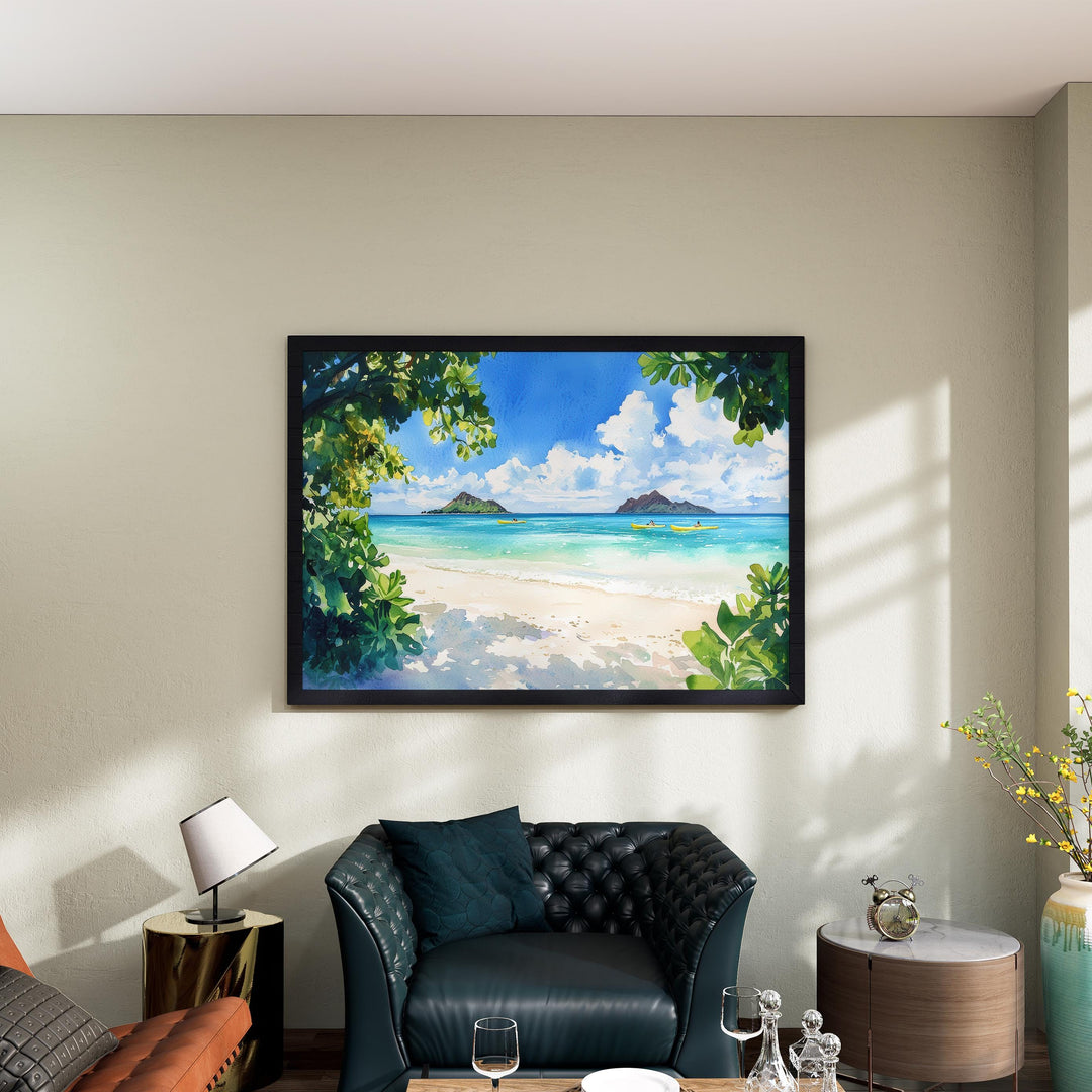 Lanikai Beach Hawaii Watercolor Poster Oahu Travel Print Coastal Landscape Painting Tropical Wall Art Island Souvenir