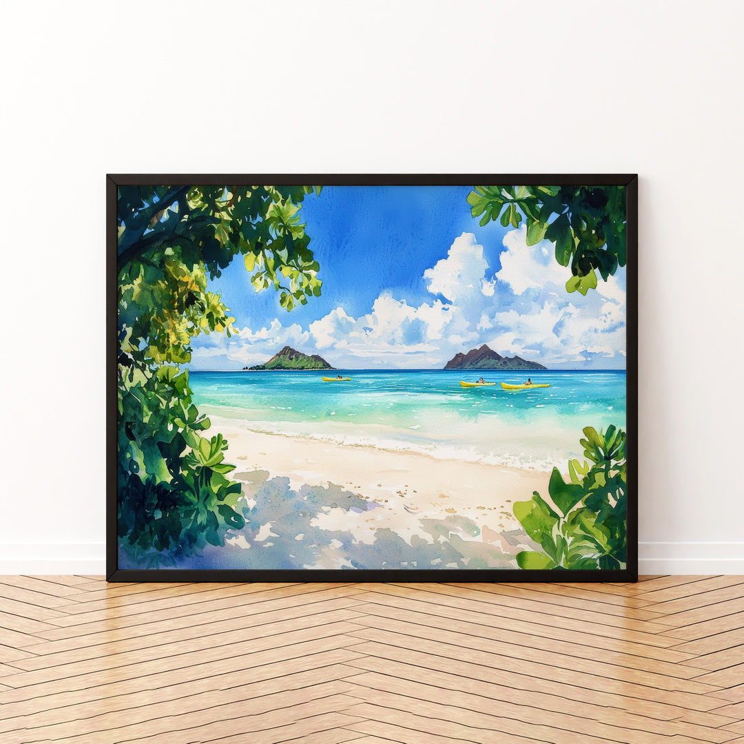 Lanikai Beach Hawaii Watercolor Poster Oahu Travel Print Coastal Landscape Painting Tropical Wall Art Island Souvenir