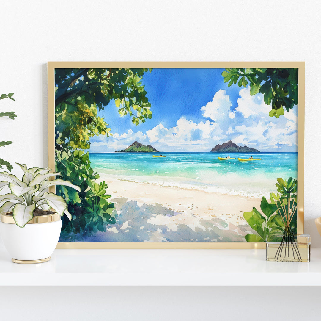 Lanikai Beach Hawaii Watercolor Poster Oahu Travel Print Coastal Landscape Painting Tropical Wall Art Island Souvenir